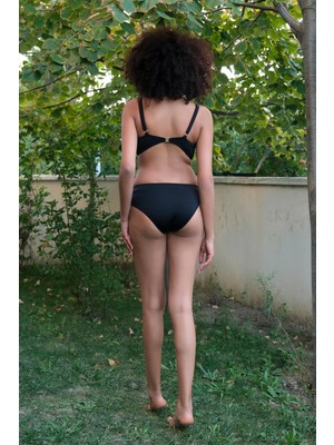 Modi Moda Çizgi Kadın Içi Boş Fiyonklu Kaplı Siyah Alt Üst Bikini Takım 35011