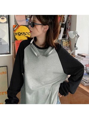 Balina Siyah Raglan Kollu Düz Gri Melanj (Unisex) Uzun Kollu