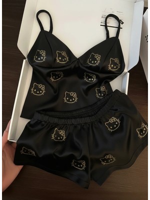 Balina Hello Kitty Taş Detaylı Şık Homewear Pijama Takımı Siyah