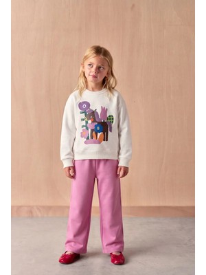 Magu Kız Çocuk At Figürlü Ekru Sweatshirt ve Lila Eşofman Takımı