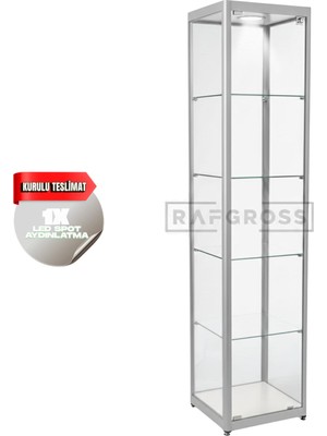 Camlı Vitrin Dolabı 30X30X180 cm – Spot Aydınlatmalı Kilitli Cam Gümüşlük ve Koleksiyon Sergileme Dolabı