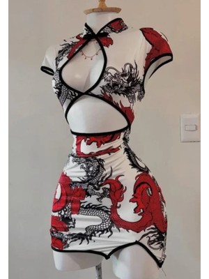 Balina Beyaz Ejderha Motifli Pencere Detaylı Şeritli Qipao Elbise