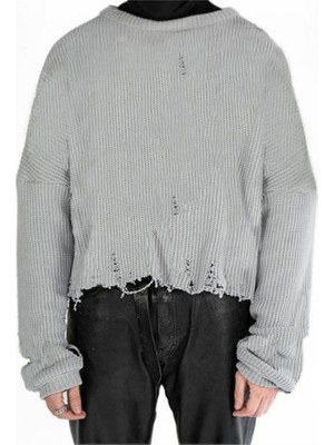 Balina Gri Düz Vintage Oversize Kazak