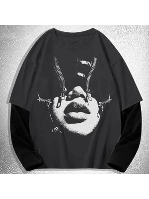 Balina Füme Women Portre Siyah Kollu Ince Sweatshirt