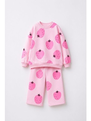 Magu Kız Çocuk Çilek Desenli Pembe Sweatshirt ve Eşofman Takımı