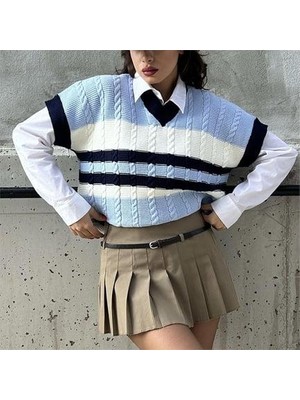 Balina Mavi Ekru Şeritli V Yaka Oversize Süveter