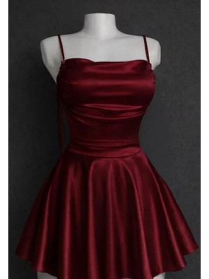 Balina Bordo Saten Drape Detaylı Ip Askılı Elbise