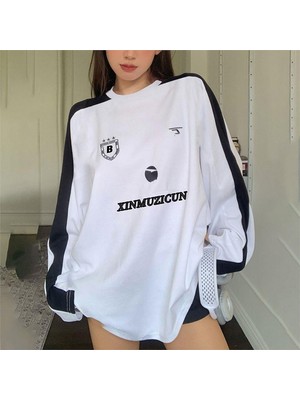 Balina Siyah Şeritli Beyaz Ince Kumaş Xinmuzicun College (Unisex) Uzun Kollu