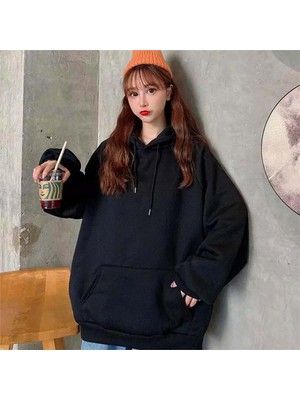 Balina Düz Oversize Kalın Siyah Fermuarsız (Unisex) Kapüşonlu Sweatshirt