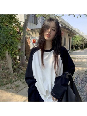 Balina Siyah Raglan Kollu Beyaz Basic Oversize Unisex Uzun Kollu