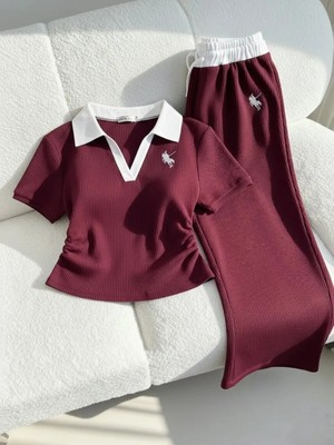 Balina Bordo Polo Yaka Fitilli Likralı Premium Eşofman Takımı