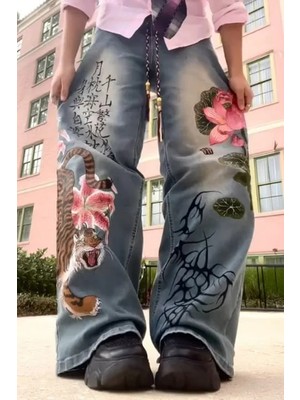 Balina Mavi Yıkama Kanji ve Lotus Baskılı Grunge Y2K Unisex Baggy Pantolon