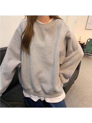 Balina Düz Gri Melanj Orta Kalınlıkta Kumaş Oversize Unisex Uzun Kollu