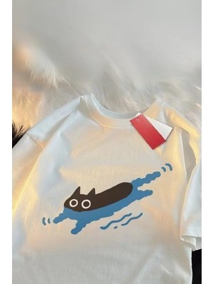 Balina Ekru Swimming Cat Unisex T-Shirt