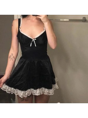 Balina Siyah Dantelli Kurdeleli Kare Yaka Lolita Mini Elbise