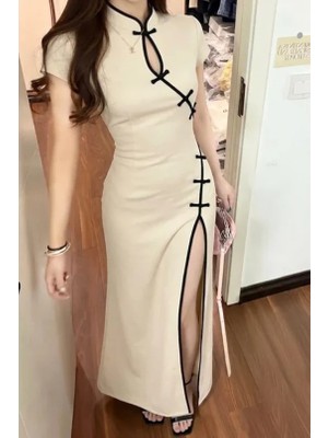 Balina Beyaz Mandarin Yaka Siyah Şeritli Qipao Y2K Elbise