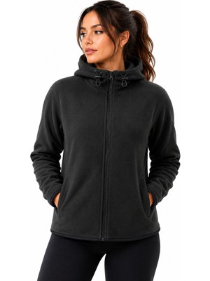 Ghassy Co. Kadın Kapşonlu Fermuarlı Polar Sweatshirt Günlük Kullanım İçin Slim Fit Siyah