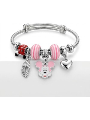 Ceyyiz Paslanmaz Çelik Yaylı Kadın Bileklik - Mickey Mouse Charm'lı Pembe Boncuklu Yaylı Açılabilir Kadın Charm Bileklik