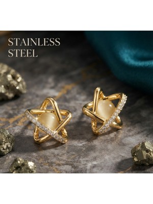 Stainless Steel Gold Renk Yapay Elmas Taşlı Yıldız Model Çelik Küpe