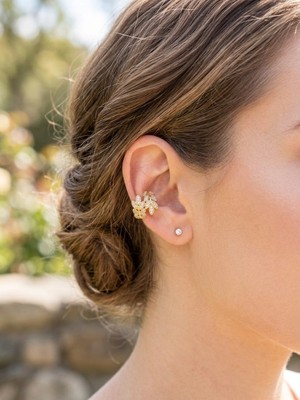 Museum Of You Zirkon Taşlı Yaprak Model Earcuff Kıkırdak Küpesi, Gold Kaplama - Sıkıştırmalı Deliksiz Küpe