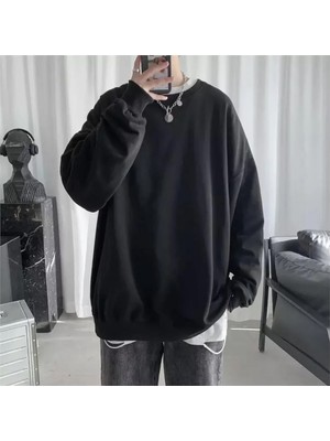 Balina Oversize Düz Siyah Orta Kalın Kumaş Oversize Unisex Uzun Kollu