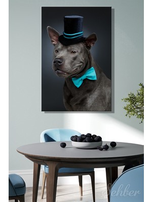 Şehber Şapkalı ve Mavi Papyonlu Tay Ridgeback Köpeği Portre Kanvas Tablo Dikey Tekli Ev Kafe Ofis 3445