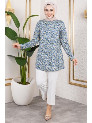 Modi Desenli Tesettür Tunik Indigo