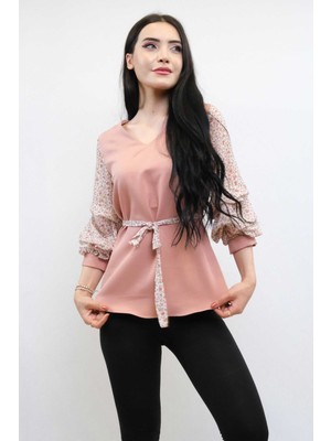 Modi Moda Çizgi Büzgülü Şifon Kol Bluz Pudra