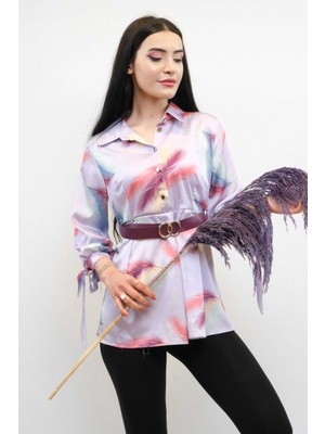 Modi Moda Çizgi Kemerli Gömlek Tunik Lila