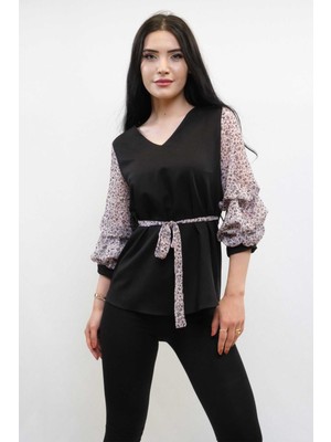 Modi Moda Çizgi Büzgülü Şifon Kol Bluz Siyah