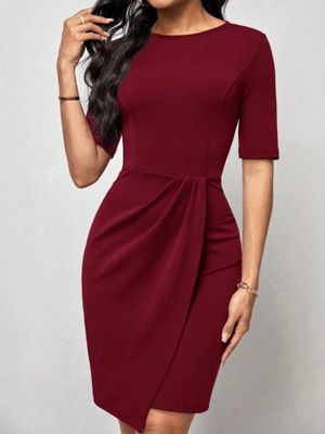 Defy Moda Kadın Kısa Kollu Bisiklet Yaka Önden Büzgülü Mini Ithal Krep Elbise