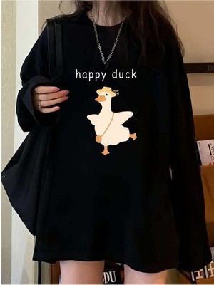 Touz Moda Happy Duck Siyah Unisex Oversize Bisiklet Yaka Sweatshirt