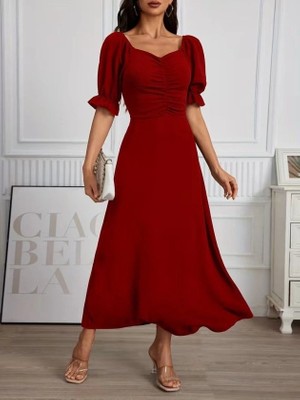 Defy Moda Kadın Kısa Kollu V Yakalı Önden Büzgüü Uzun Ithal Krep Elbise