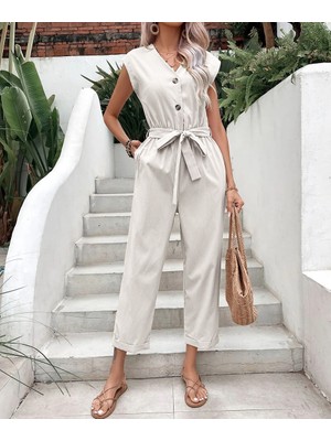 Barbora Keten Kadın V Yaka Kolsuz Tek Sıra Düğmeli Tulum