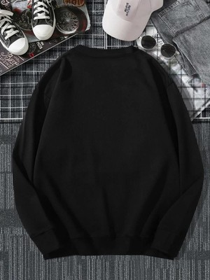 Touz Moda Ribbon Baskılı Siyah Unisex Oversize Bisiklet Yaka Sweatshirt