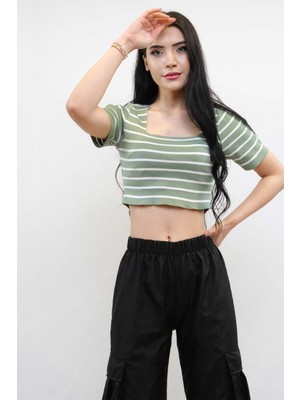 Modi Moda Çizgi Triko Crop Çizgili Mint