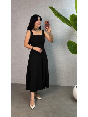 Defy Moda Kadın Askılı Kare Yakalı Bel Arkasından Bağlama Detaylı Uzun Yerli Krep Elbise