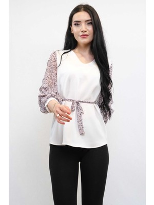 Modi Moda Çizgi Büzgülü Şifon Kol Bluz Ekru