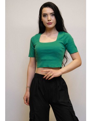 Modi Moda Çizgi Kare Yaka Triko Crop Yeşil