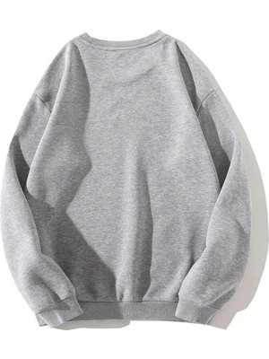 Touz Moda Cute Cat Baskılı Gri Unisex Oversize Bisiklet Yaka Sweatshirt