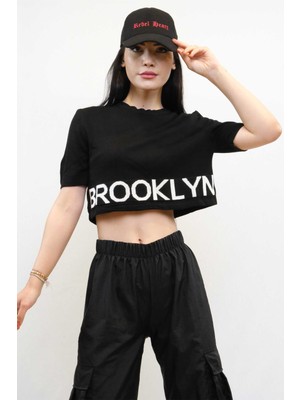 Modi Moda Çizgi Triko Crop Siyah