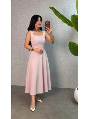 Defy Moda Kadın Askılı Kare Yakalı Bel Arkasından Bağlama Detaylı Uzun Yerli Krep Elbise