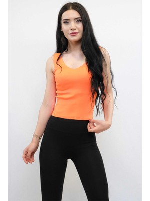 Modi Moda Çizgi Zikzak Yaka Triko Bluz Turuncu