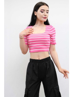 Modi Moda Çizgi Triko Crop Çizgili Pembe
