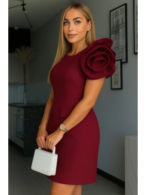 Defy Moda Kadın Kısa Gül Detaylı Kollu Bisiklet Yaka Cepli Mini Atlas Elbise