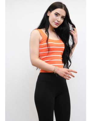 Modi Moda Çizgi Kare Yaka Çizgili Triko Bluz Turuncu