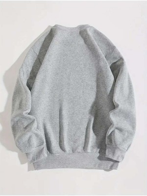 Touz Moda Ribbon Baskılı Gri Unisex Oversize Bisiklet Yaka Sweatshirt