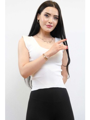 Modi Moda Çizgi Süveter Model Triko Bluz Beyaz