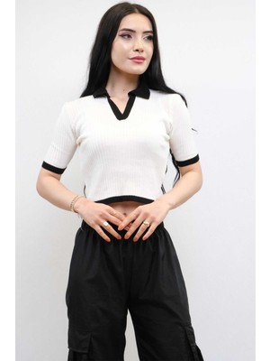 Modi Moda Çizgi Renkli Yaka Triko Crop Beyaz