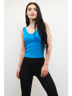 Modi Moda Çizgi Zikzak Yaka Triko Bluz Turkuaz